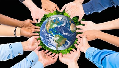 Illustration of a diverse group of people holding a globe, symbolising global collaboration for environmental protection.